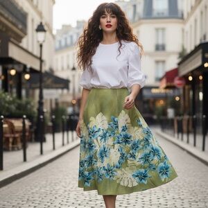 Nygard Collection Floral Midi Skirt Green Blue Lily 100% Cotton Size 14P